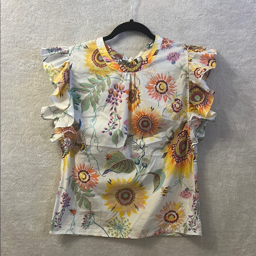 Elie Tahari Yellow and Orange Sleeveless Ruffled Blouse & Back Tie